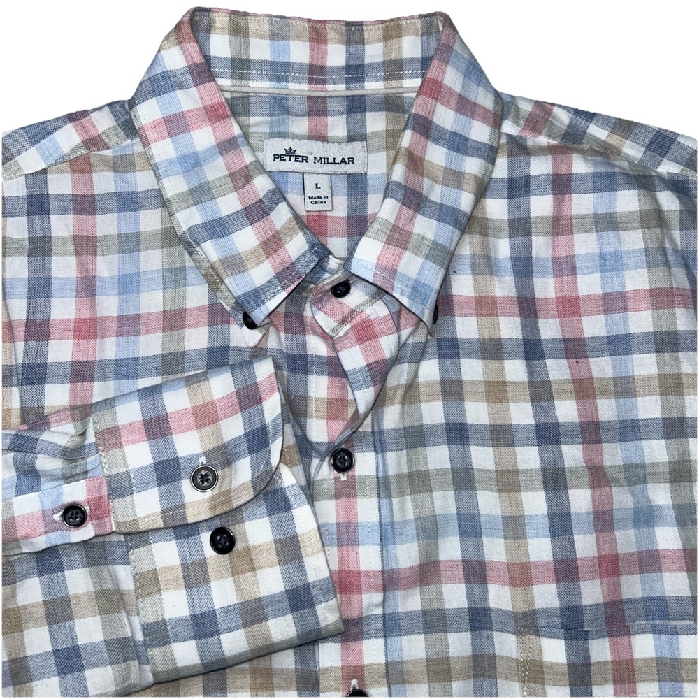 Peter Millar Gignham Check Pastel Long Sleeve Button Up 100% Cotton Mens Large